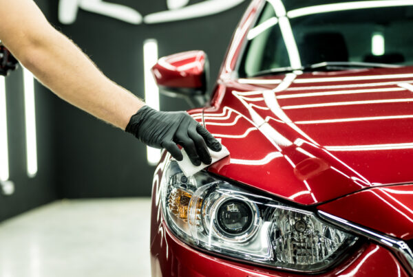 Car service worker applying nano coating on a car detail
