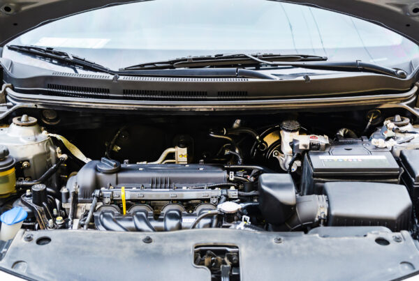 Car engine close-up. Close up of car parts under the hood after maintenance and washing